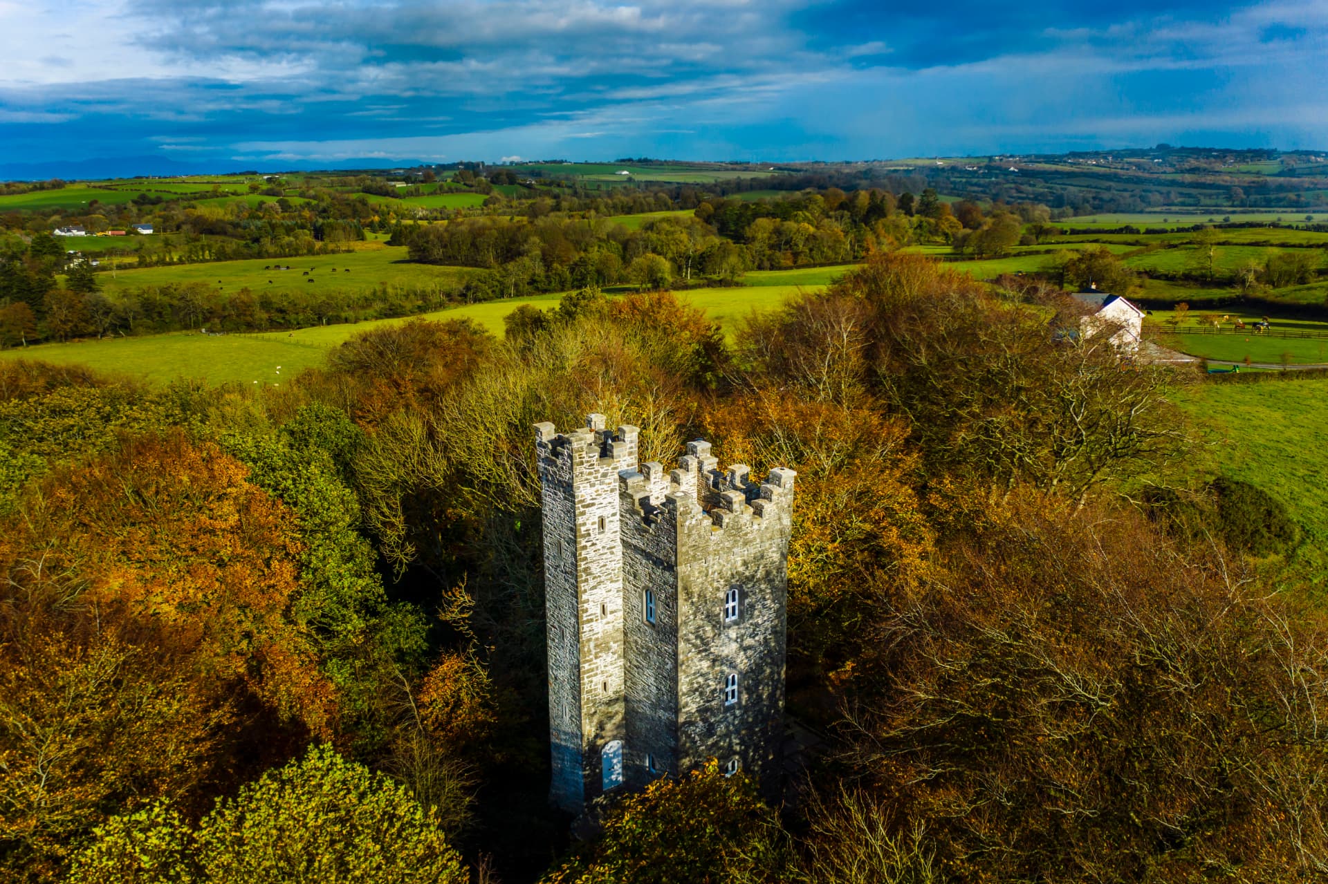 Aerial view of Drummond Tower rising from the autumn woodland in County Louth